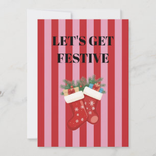 Pink and red stripes Christmas stocking Invitation