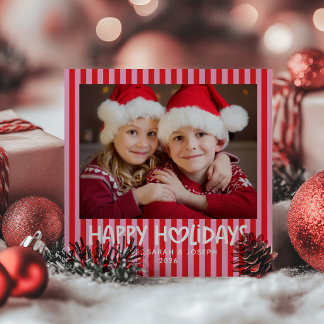 Pink and REd Stripes Heart Photo Happy Holiday Card