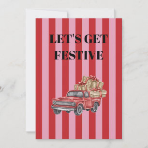 Pink and red stripes, red Christmas truck Invitation