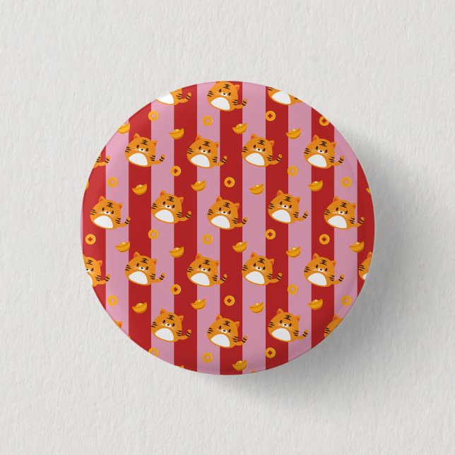 Pink and red stripes with cat pattern  button (Front)