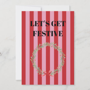 Pink and red stripes with Christmas wreath Invitation