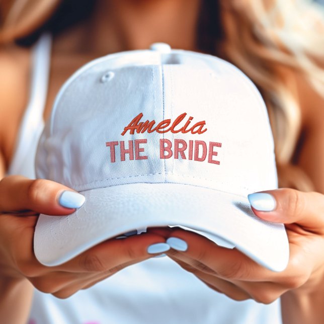 Pink and Red The Bride Bridal Party Personalized Embroidered Baseball Cap (Pink and Red The Bride Bridal Party Personalized Embroidered Baseball Cap)