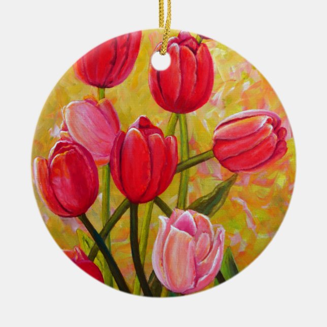 Pink and Red Tulip Bouquet  Ceramic Ornament (Front)