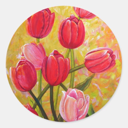 Pink and Red Tulips Painting   Classic Round Sticker