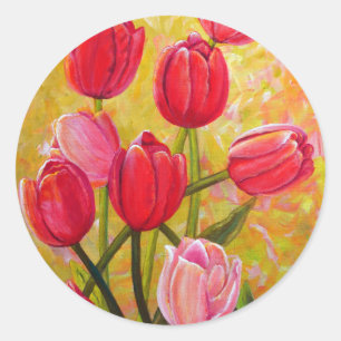 Pink and Red Tulips Painting Classic Round Sticker