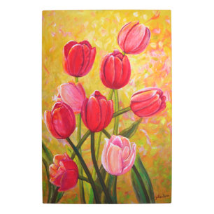 Pink and Red Tulips Painting Metal Print