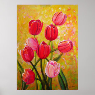 Pink and Red Tulips Painting Poster