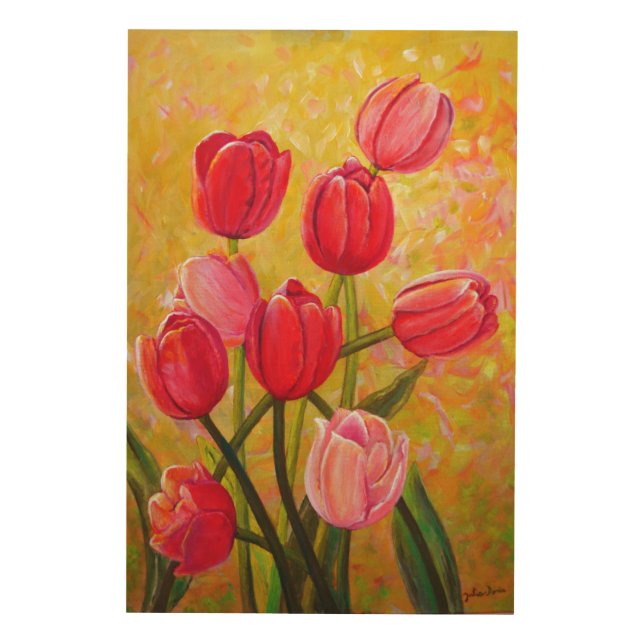  Pink and Red Tulips Painting   Wood Wall Art (Front)
