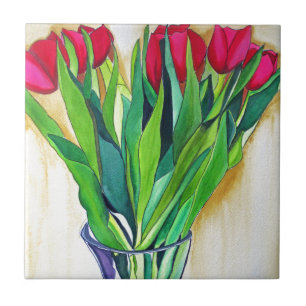 pink and red tulips watercolor art ceramic tile