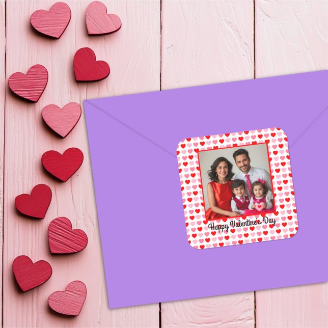 Pink and Red Valentine Heart Pattern Custom Photo Square Sticker (Creator Uploaded)