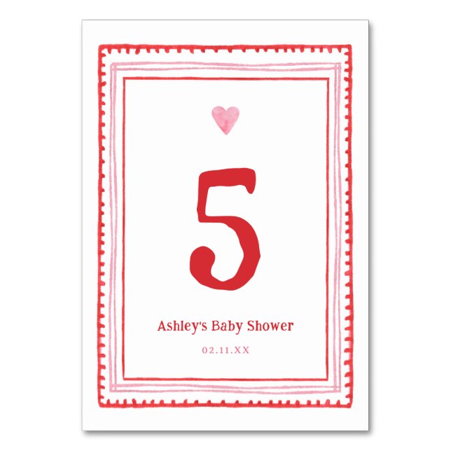 Pink and Red Valentines Heart Party Table Number (Front)