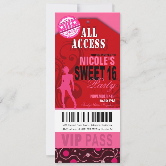 Pink and Red VIP Sweet 16 Ticket Party Invitation (Front)