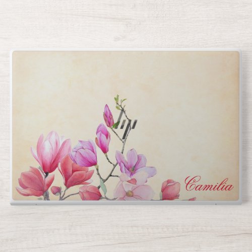 Pink and Red Watercolor Floral monogram HP Laptop Skin