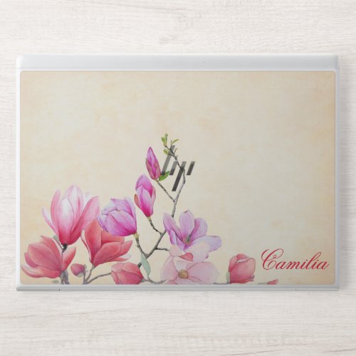 Pink and Red Watercolor Floral monogram HP Laptop Skin