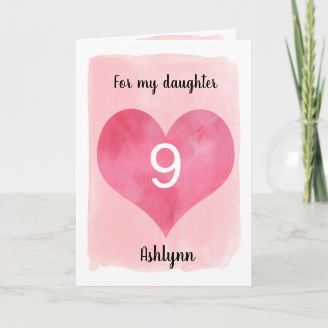 Pink and Red Watercolor Heart 9th Birthday Card (Front)
