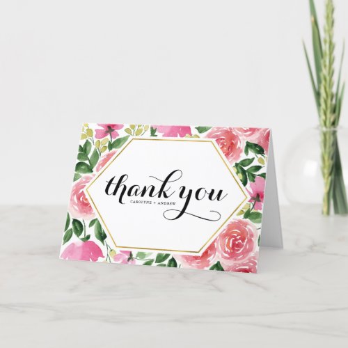 Pink and Red Watercolor Roses Floral Frame Wedding Thank You Card