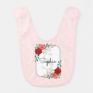 Pink and Red Watercolor Roses Monogram Baby Girl Baby Bib