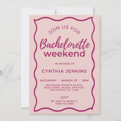 Pink and Red Wave Bachelorette Weekend Itinerary  Invitation