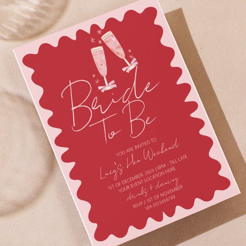 Pink and Red Wave Bachelorette Weekend Itinerary  Invitation
