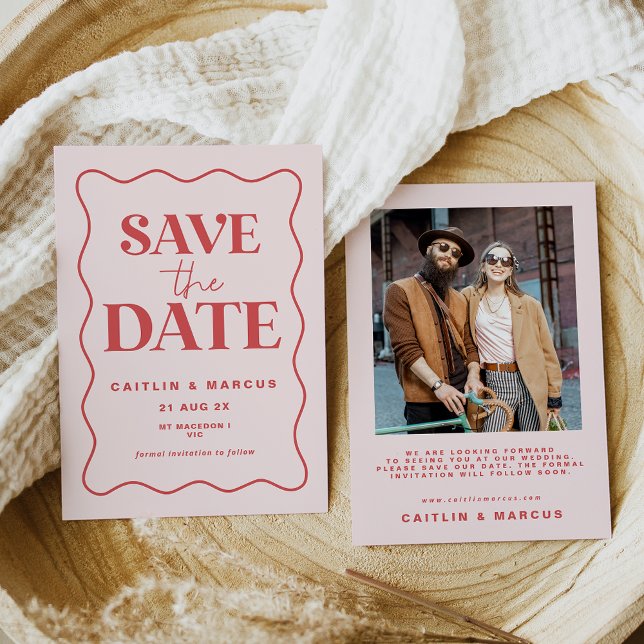 Pink and Red Wave Wedding Save The Date Postcard (Creator Uploaded)