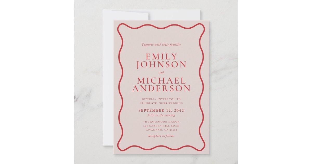 Pink and Red Wavy Frame Modern Wedding Invitation | Zazzle