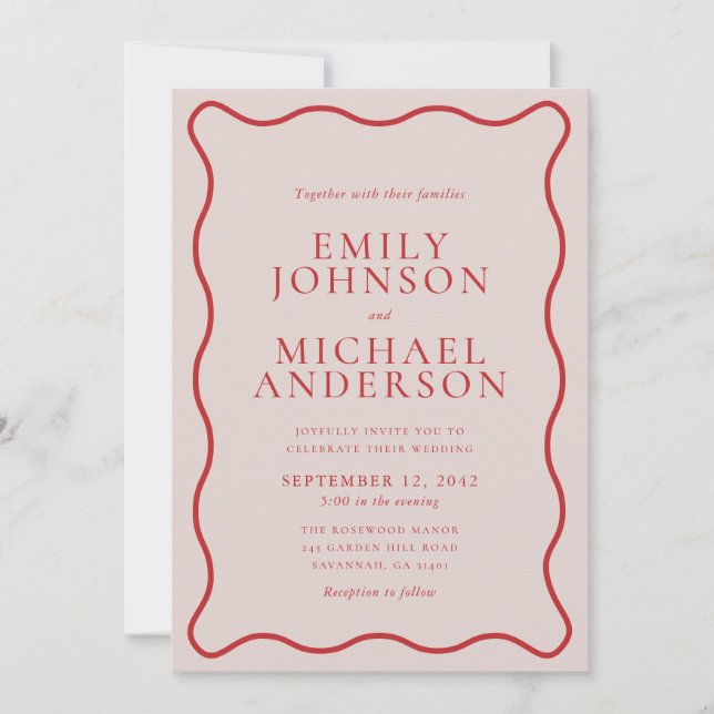 Pink and Red Wavy Frame Modern Wedding Invitation (Front)