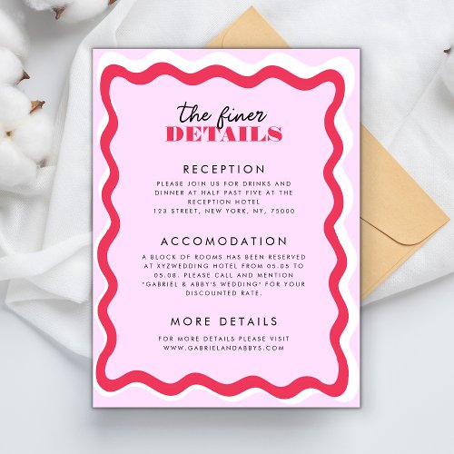 Pink and Red Wavy Frame Retro 70s Details Wedding Enclosure Card