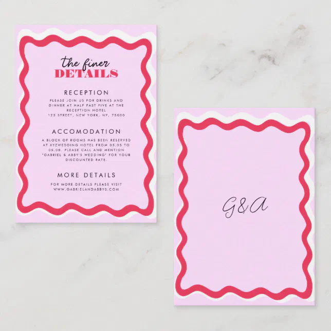 Pink and Red Wavy Frame Retro 70s Details Wedding Enclosure Card | Zazzle