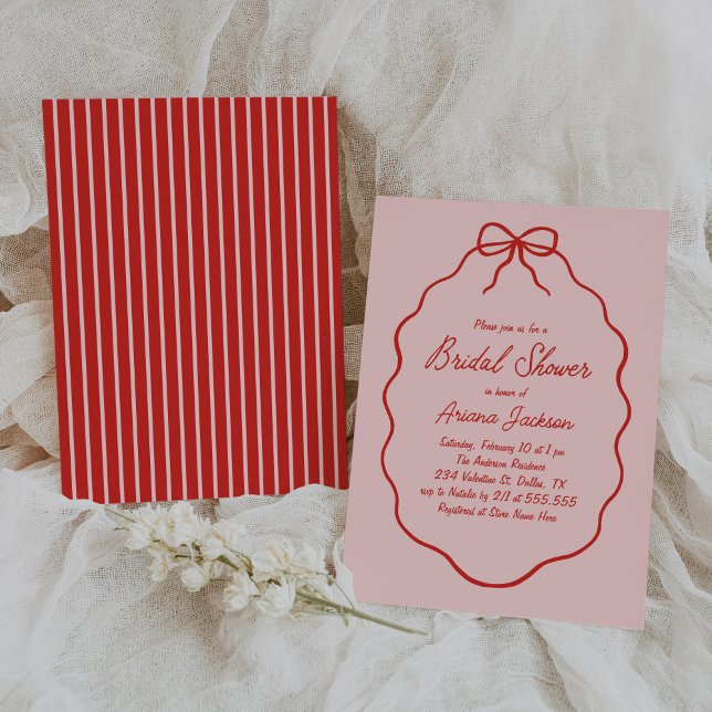 Pink and Red Wavy Hand Drawn Bow Bridal Shower Invitation (Creator Uploaded)