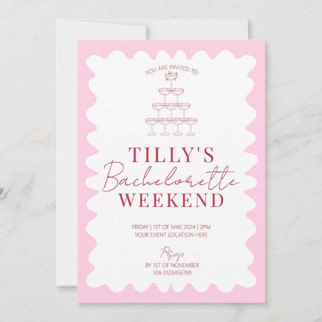Pink and Red Wavy Hen Weekend Party Invitation (Front)