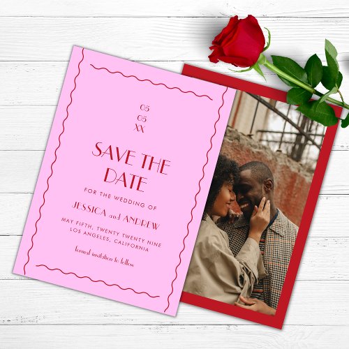 Pink and Red Wavy Photo Retro Seventies Wedding Save The Date