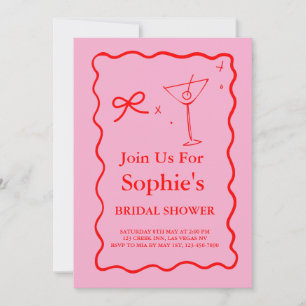 Pink And Red Wavy Retro Bridal Shower, Martini Invitation