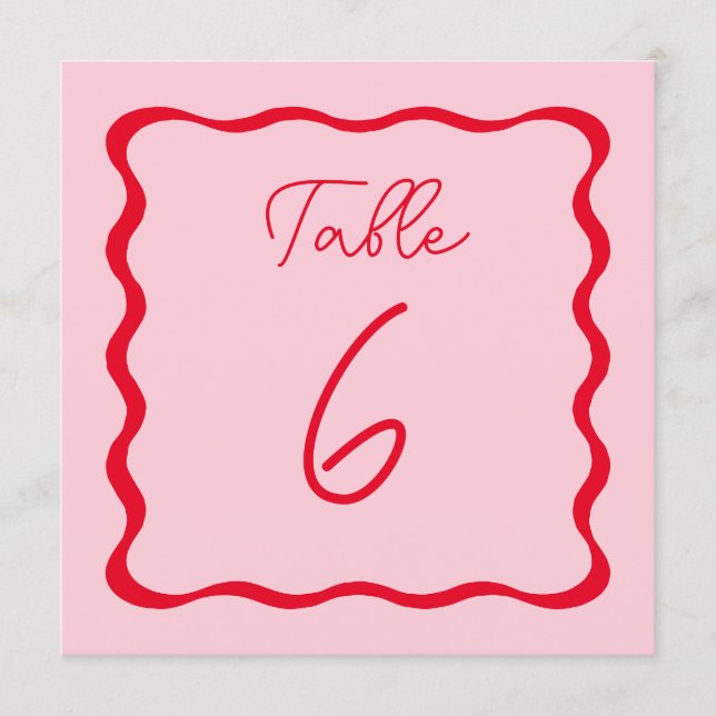 Pink and Red Wavy Wedding Square Table Number (Front)