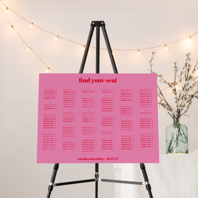 Pink and Red Wedding Seating Chart Alphabetical Foam Board (In Situ (Stand))