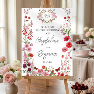 Pink and Red Wildflowers Berries Wedding Welcome Foam Board