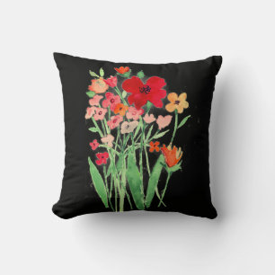 Pink and Red Wildflowers on Black Throw Pillow