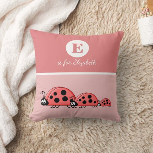 Pink and red with a cute ladybird family baby name throw pillow