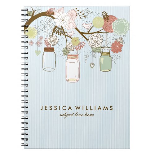 Pink And  Retro Flowers  Mason Jars Notebook