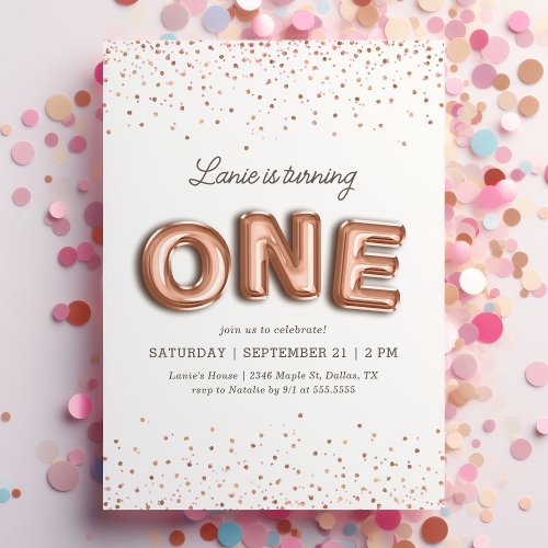 Pink and Rose Gold Balloon Glitter 1st Birthday Invitation