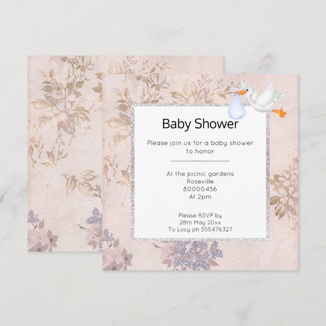 PINK AND ROSE GOLD BLUE MODERN STORK BABY SHOWER INVITATION (Front/Back)