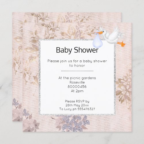 PINK AND ROSE GOLD BLUE MODERN STORK BABY SHOWER INVITATION