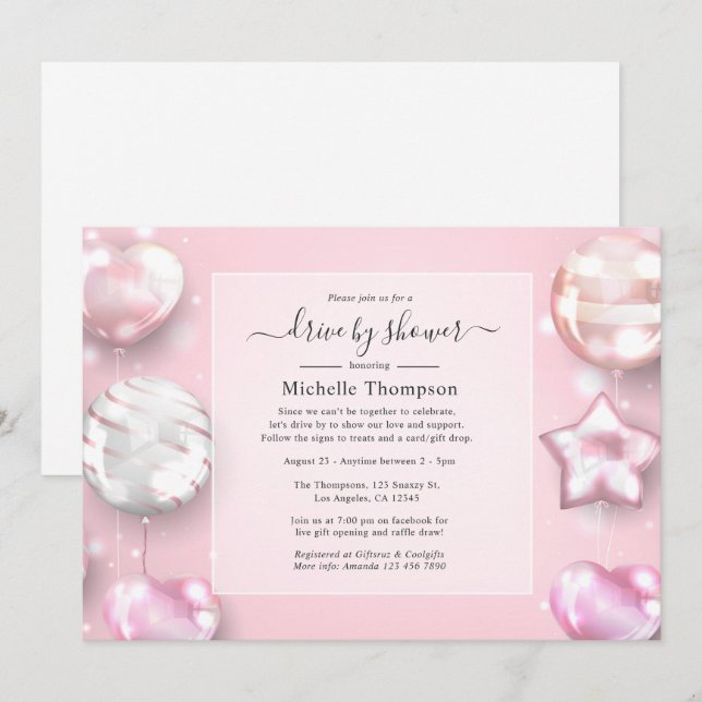 Pink and Rose Gold Drive By Shower Invitation (Front/Back)