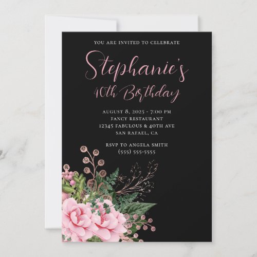 Pink and Rose Gold Floral 40th Birthday Black Invitation