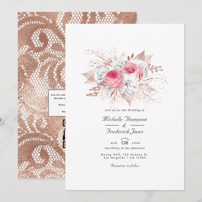 Pink and Rose Gold Floral and Lace QR Code Wedding Invitation (Front/Back)