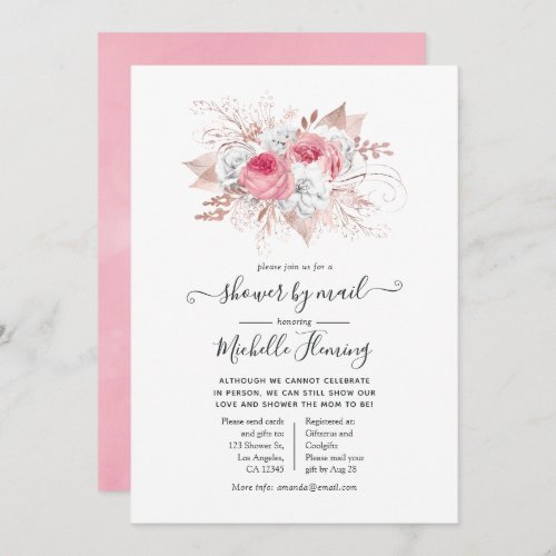 Pink and Rose Gold Floral Baby Shower by Mail Invitation