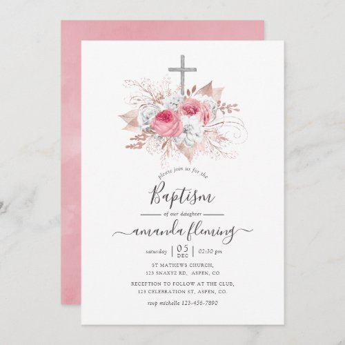 Pink and Rose Gold Floral Baptism Invitation