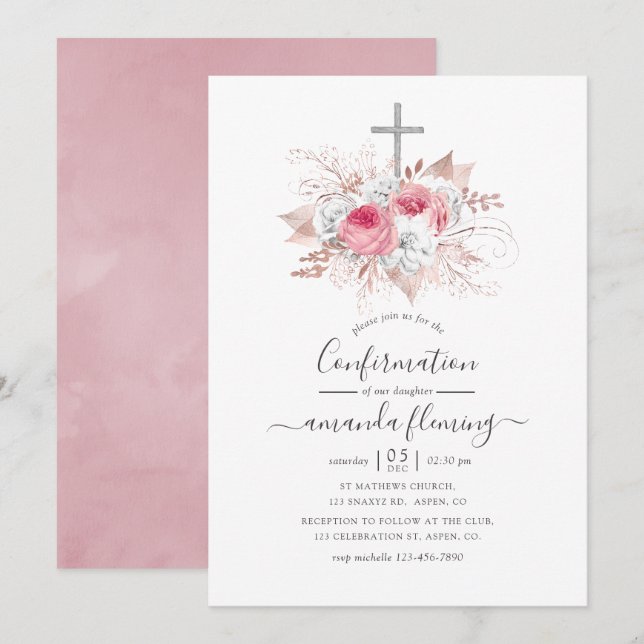 Pink and Rose Gold Floral Confirmation Invitation (Front/Back)