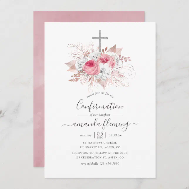 Pink and Rose Gold Floral Confirmation Invitation | Zazzle