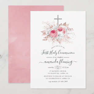 Pink and Rose Gold Floral First Holy Communion Invitation