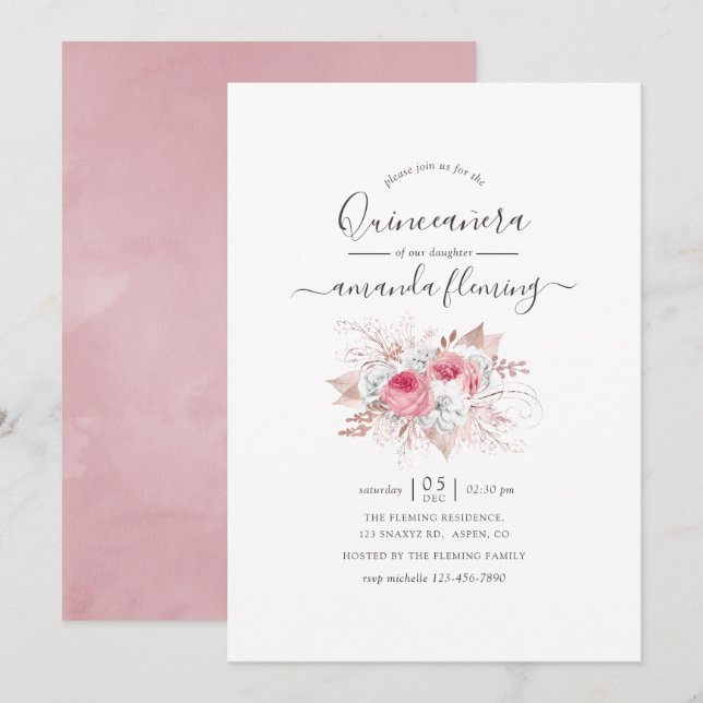 Pink and Rose Gold Floral Quinceañera Invitation (Front/Back)